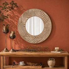 Load image into Gallery viewer, Palmwood Round Wall Mirror – Natural Carved Decorative Mirror