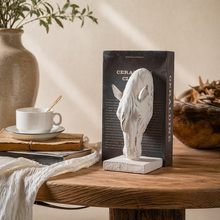 Load image into Gallery viewer, Rustic white horse head bookend by Decor Home holding a black book on a wooden table.