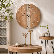 Load image into Gallery viewer, Large rustic wooden wall clock with carved floral detail by Decor Home in a modern room