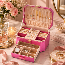 Load image into Gallery viewer, Pink Decor Home jewellery storage box with necklace hooks, ring slots, and drawer.