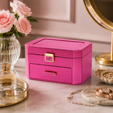 Load image into Gallery viewer, Hot pink Decor Home jewellery storage box with a lock and drawer on a marble vanity.