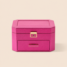Load image into Gallery viewer, Hot pink Decor Home jewellery storage box with a gold lock and a single drawer.