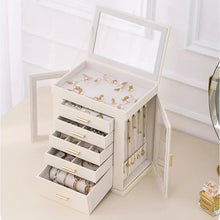 Load image into Gallery viewer, Elegant Rotating PU Leather Jewellery Organizer with 5 Drawers, Side Doors & Mirror