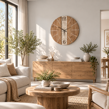 Load image into Gallery viewer, Large rustic wooden wall clock with floral carvings in a modern living room by Decor Home