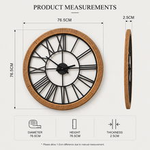 Load image into Gallery viewer, Product measurements for the Decor Home rattan and iron Roman numeral wall clock.
