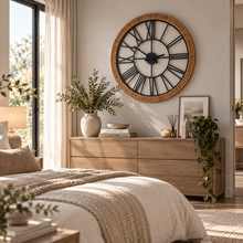 Load image into Gallery viewer, Hampton Grove decorative wood and rattan wall clock with iron Roman numerals in a modern bedroom
