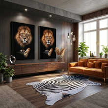 Load image into Gallery viewer, Large faux zebra print rug in modern living room with wood accents and greenery