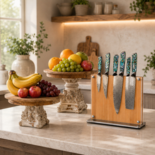 Load image into Gallery viewer, Set of 2 Decor Home French Provincial wooden pedestal stands displaying fresh fruit in a kitchen