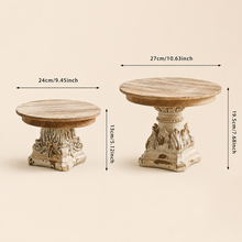 Load image into Gallery viewer, Set of 2 rustic French Provincial wooden pedestal display stands with dimensions indicated.