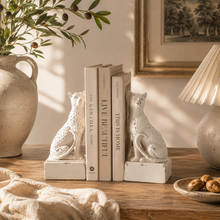 Load image into Gallery viewer, Maison Leopard Bookends in rustic white resin holding books on a wooden table.
