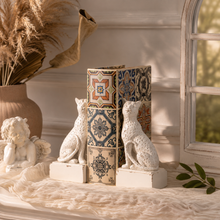Load image into Gallery viewer, Maison Leopard rustic white resin decorative bookends holding patterned books on a white surface