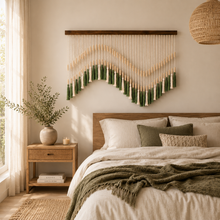 Load image into Gallery viewer, Bohemian Beaded Tassel Wall Hanging – Green & Ivory Handcrafted Home Décor