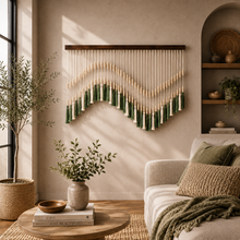 Load image into Gallery viewer, Bohemian Beaded Tassel Wall Hanging – Green & Ivory Handcrafted Home Décor