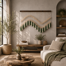 Load image into Gallery viewer, Bohemian Beaded Tassel Wall Hanging – Green & Ivory Handcrafted Home Décor