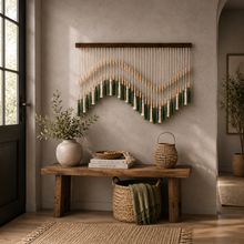 Load image into Gallery viewer, Bohemian Beaded Tassel Wall Hanging – Green & Ivory Handcrafted Home Décor