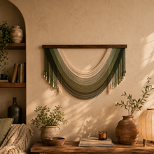 Load image into Gallery viewer, Olive & Cream Macramé Wall Hanging – Large Handwoven Cotton Wall Décor (100cm x 60cm)