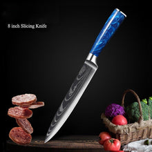 Load image into Gallery viewer, 8 Pcs High Carbon Stainless Steel Damascus Blue Resin Handle Knife Set - Decor Home