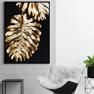 Golden Plant Leaf In Black Wall Art Prints (60x90cm)
