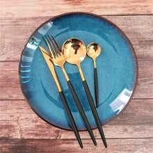 Load image into Gallery viewer, 16 Pcs Mirror Finish Gold & Black Cutlery Set - Decor Home