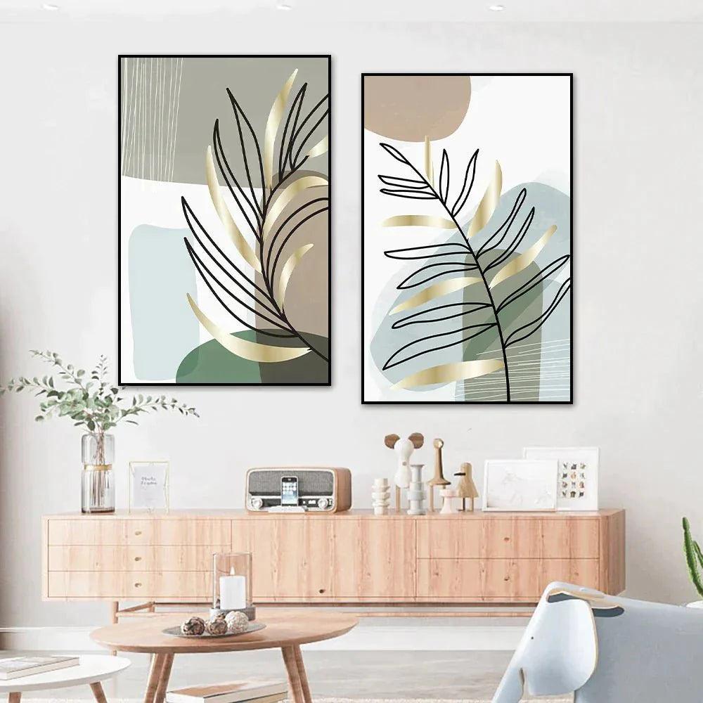 2 Pcs Set Boho Leaf Abstract Framed Wall Art - Decor Home