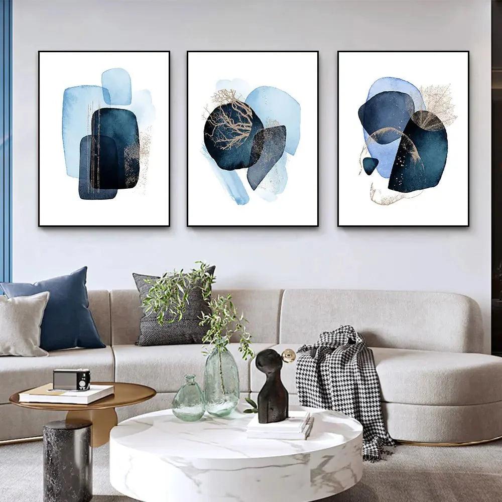 3 Pcs Set Blue Horizon Framed Abstract Canvas Wall Art - Decor Home