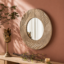 Load image into Gallery viewer, Palmwood Round Wall Mirror – Natural Carved Decorative Mirror
