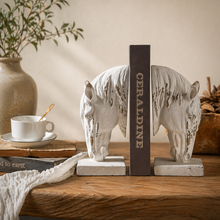 Load image into Gallery viewer, Rustic white horse head bookends from Decor Home holding a book on a wooden table

