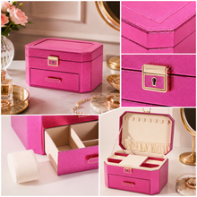 Load image into Gallery viewer, Fuchsia pink Decor Home jewellery storage box with lock, drawer, and internal compartments.

