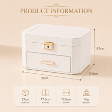 Load image into Gallery viewer, White Decor Home jewellery storage box with lock and drawer, showing dimensions.
