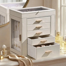 Load image into Gallery viewer, Elegant Rotating PU Leather Jewellery Organizer with 5 Drawers, Side Doors &amp; Mirror
