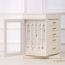 Load image into Gallery viewer, Elegant Rotating PU Leather Jewellery Organizer with 5 Drawers, Side Doors &amp; Mirror
