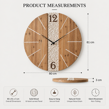 Load image into Gallery viewer, Large rustic wooden wall clock by Decor Home with carved floral detail and product measurements.
