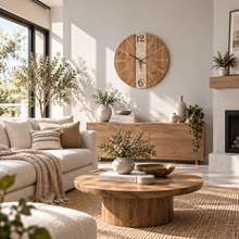 Load image into Gallery viewer, Large rustic wooden wall clock by Decor Home in a modern neutral living room setting.
