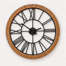 Load image into Gallery viewer, Hampton Grove decorative wall clock with rattan frame and iron Roman numerals

