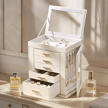 Load image into Gallery viewer, Elegant Rotating PU Leather Jewellery Organizer with 5 Drawers, Side Doors &amp; Mirror
