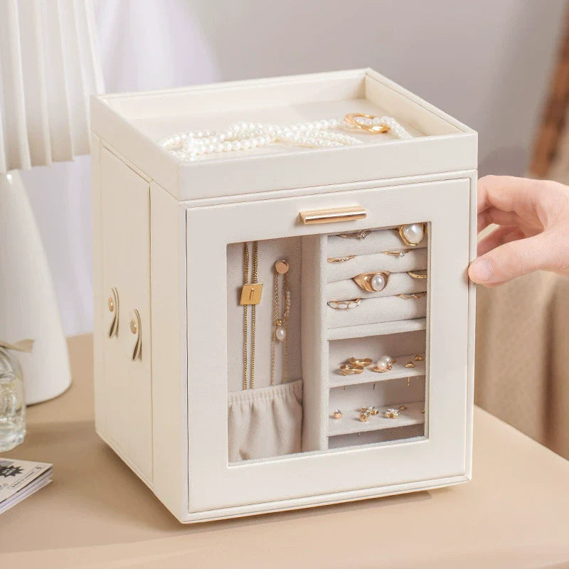 Elegant 360° Rotating Jewellery Box with Mirror – PU Leather Luxe Organizer