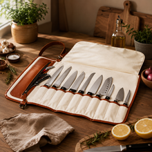 Load image into Gallery viewer, Luxury Culinary Knife Roll – 11 Slot PU Leather Chef Knife Carrier &amp; Travel Bag
