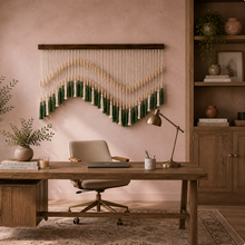 Load image into Gallery viewer, Bohemian Beaded Tassel Wall Hanging – Green &amp; Ivory Handcrafted Home Décor
