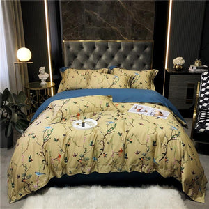 100% Egyptian Cotton US size Bedding Queen King size 4Pcs Birds and Flowers Leaf Gray Shabby Duvet Cover Bed sheet Pillow shams - For Home Decor