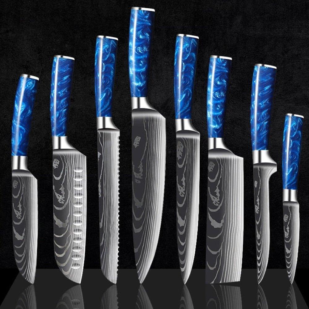 8 Pcs High Carbon Stainless Steel Damascus Blue Resin Handle Knife Set - Decor Home