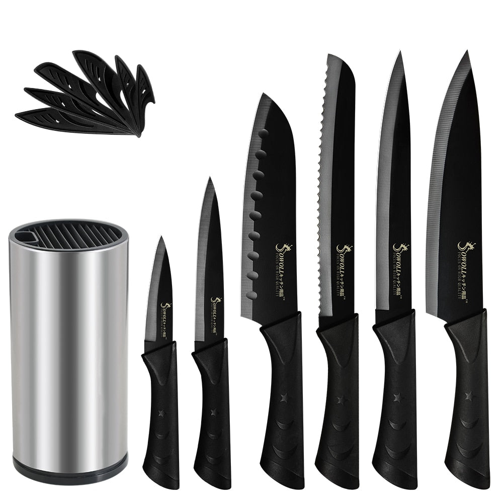 6 Pcs Black Stainless Steel Kitchen Knife Set With Stainless Steel Block
