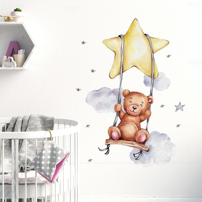 Cute Bears and Bunnies Swinging On The Star and Moon Wall Decals - Decor Home