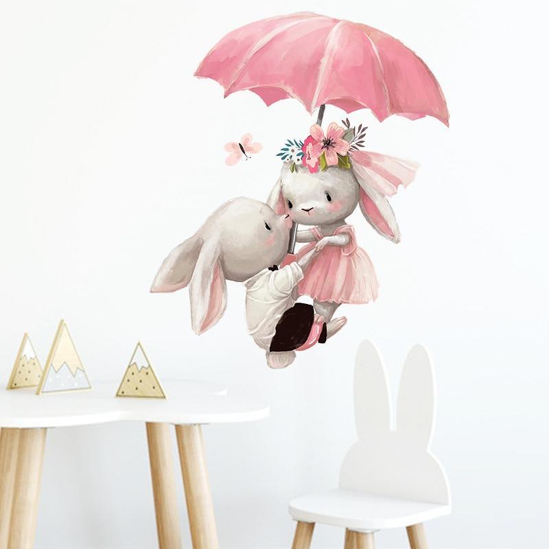 Bunny Lovers Under Umbrella Wall Stickers for Kids - Decor Home