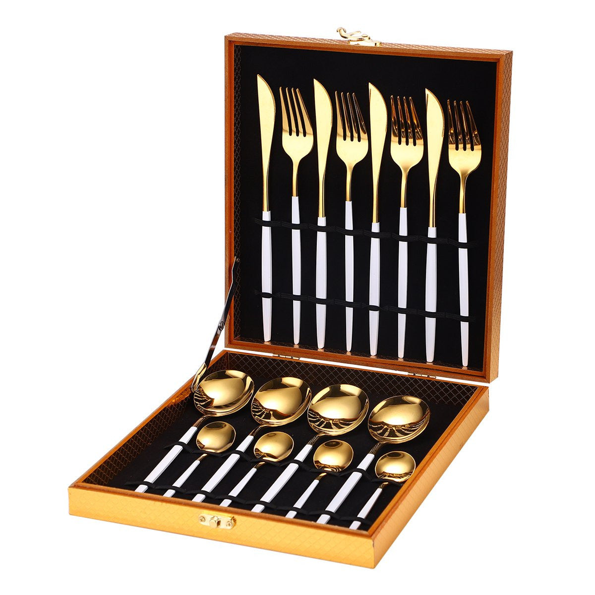 16 Pcs Matte Finish Gold & White Cutlery Set - Gift Box
