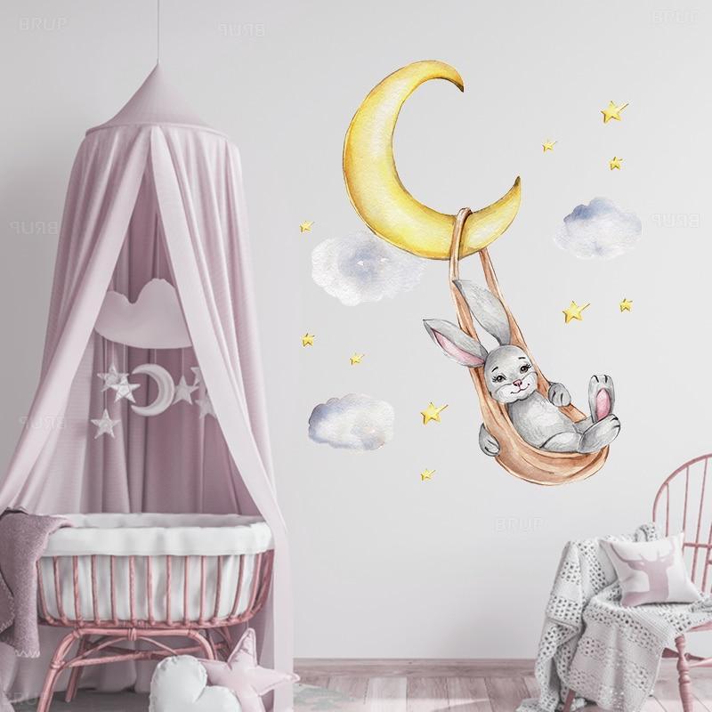 Adorable Bears and Bunnies Swinging On The Star and Moon Wall Stickers - Decor Home