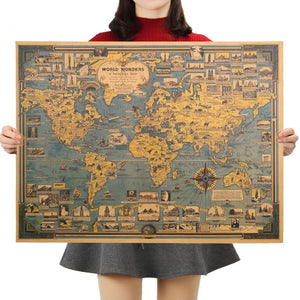 World Wonders Map Kraft Paper Wall Art Poster (68.5X51.5cm)