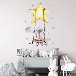 Adorable Bears and Bunnies Swinging On The Star and Moon Wall Stickers