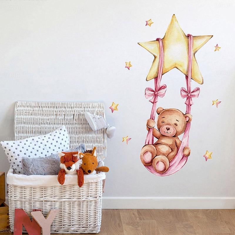 Cute Bears and Bunnies Swinging On The Star and Moon Wall Decals - Decor Home