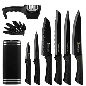 8 Pcs Black Stainless Steel Kitchen Knife Block Sharpener Set