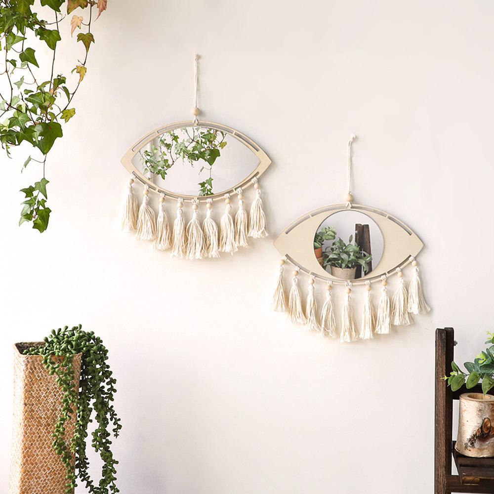 2 Pcs Set Evil Eye Rustic Wood Mirrors - Decor Home